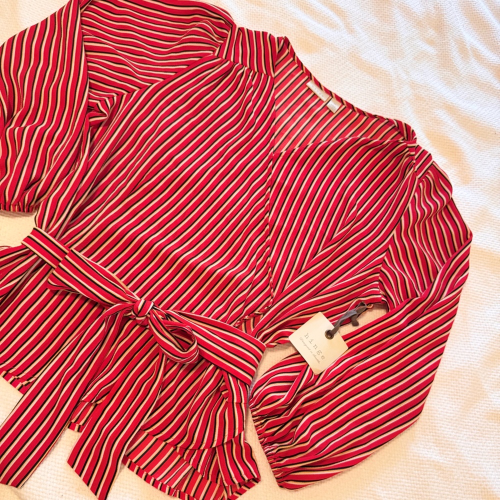 HINGE Striped Wrap Blouse Tie Bow Waist Red & White Stripe Puff Long Sleeve Top - Picture 4 of 16